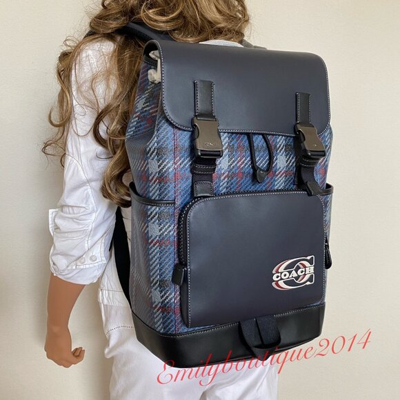NWT Coach Men’s Canvas Leather W Plaid Print & Coach Stamp Track Backpack Navy - Picture 11 of 16